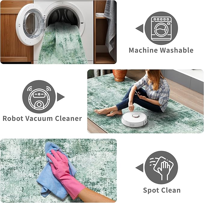 3x10 Washable Runner Rug for Hallway: Non Slip Runners Rugs Easy-to-Clean - Soft Living Room Bedroom Kitchen Carpet - Thin Low Pile Printed Floor Mat for Dining Room Green