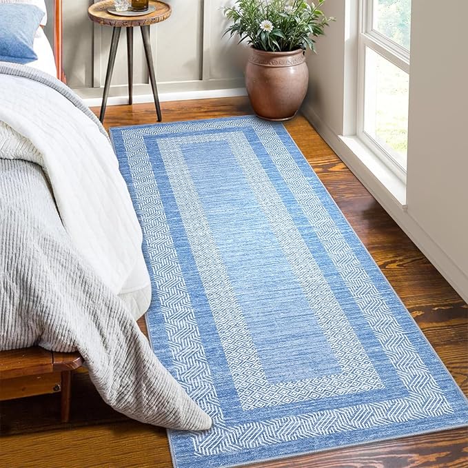 Washable 2.5x10 Kitchen Runner Rug, Easy Clean Geometri Rugs for Hallway Entryway, Indoor Outdoor Non Slip Rug Farmhouse Morden Carpet Door Mat Area Rug for Laundry Room Light Blue