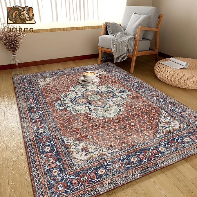 Washable Area Rug 6' x 9' Vintage Traditional Persian Mat - Foldable Distressed Non-Slip Machine Washable Carpet for Living Room Bedroom Kitchen Home Decor - Terracotta and Navy