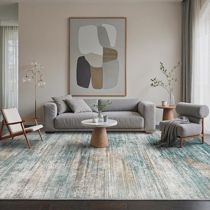BEIMO Area Rugs 6x9 for Living Room Bedroom, Modern Abstract Machine Washable Rug, Large Soft Low Pile Floor Carpet with Non Slip Backing for Dining Room, Teal/Grey