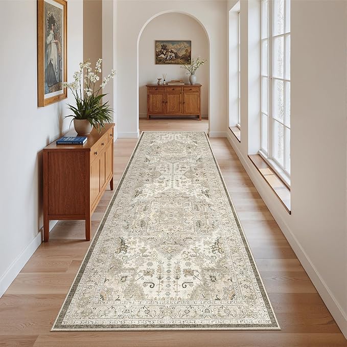 Madane Runner Rug 2'6''x8' Kitchen Runner, Hallway Runner Printed Vintage Washable Rugs Soft Non-Slip Low Pile Runners for Hallways Laundry Room Rug Distressed Rug, Ivory/Brown