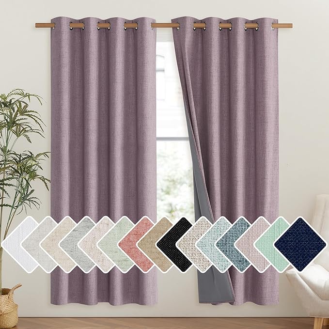 NICETOWN Chaise Mauve Vintage Linen 100% Blackout Curtains for Living Room, Thermal Insulated Curtains 72" Long, Noise Reducing Window Treatment Drapes for Hall Room, 52" Wide Per Panel, Set of 2