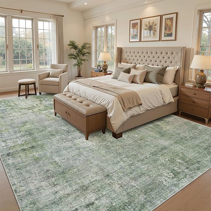 Washable Area Rug 8x12, Large Soft Rugs for Living Room Vintage Green/Ivory Carpet 8x12 Area Rugs for Bedroom Dining Room Non-Slip Stain Resistant Under Table Rug