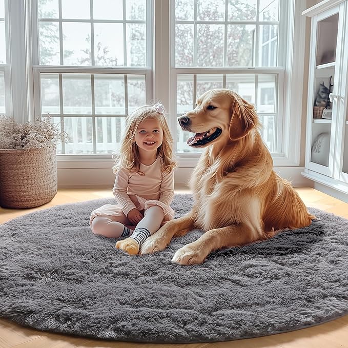 ONASAR Grey Round Area Rugs 5ft, Gray Soft Bedroom Circle Rug Floor Mats for Kids Girls Teen Room, Fluffy Plush Shaggy Carpet for Baby Nursery Living Room Playroom Home Decor Aesthetic