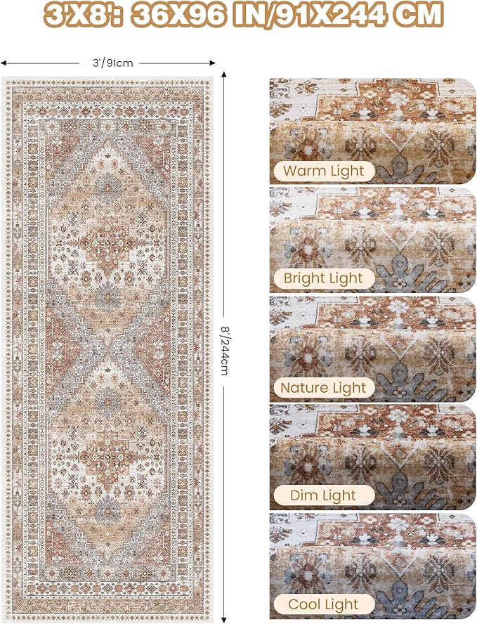 3x8 Runner Rug Non Slip Washable for Entryway, Front Porch, Vintage Hallway Runner for Laundry Room, Bedroom, Stain Resistant Thin Indoor Kitchen Mats for Floor(Orange,3'x8')