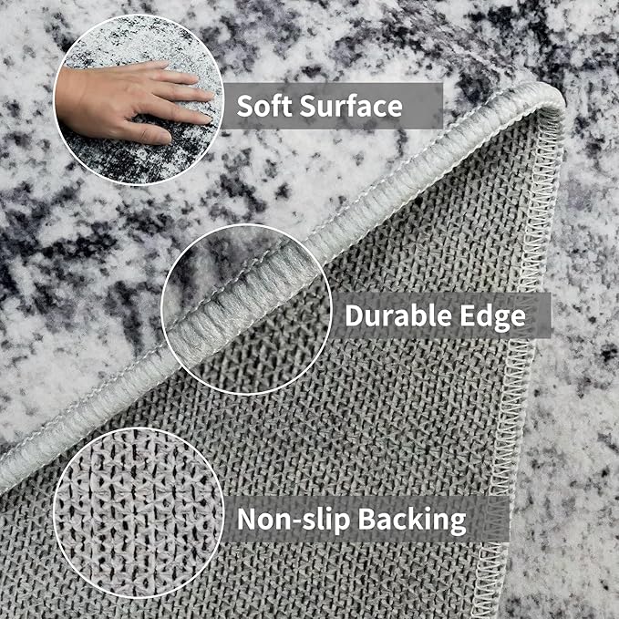 3x12 Washable Hallway Runner Rug: Non Slip Carpet Runners Easy-to-Clean - Soft Living Room Bedroom Kitchen Rugs - Thin Low Pile Printed Floor Mat for Dining Room Neutral Black Grey
