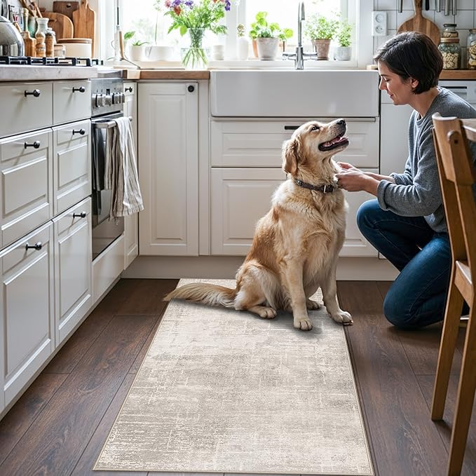 Washable 2x4 Entryway Area Rugs: Abstract Water Resistant Kitchen Sink Rug Non-Slip Durable Doormat Ultra Soft Living Room Bedroom Carpet Low Pile Floor Mat for Bathroom Dining Room(2x4,Beige/Cream)