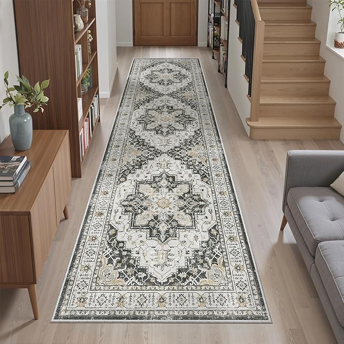 Madane Runner Rug 2x8, Washable Hallway Runner Rugs, Non-Slip Low-Pile Soft Kitchen Rug Runner Laundry Room Rug, Vintage Throw Entry Foyer Mat for Entrance Living Room (Black, 2 x 8)