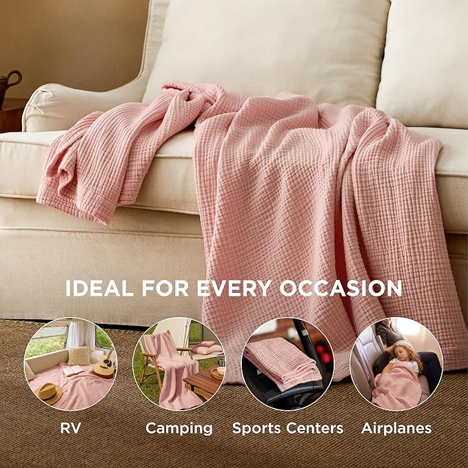 Bedsure 100% Cotton Muslin Throw Blanket Twin XL for Bed - 4-Layer Breathable and Lightweight Thin Soft Summer Gauze Muslin Blankets for Adults, Pink, 66x90 Inches