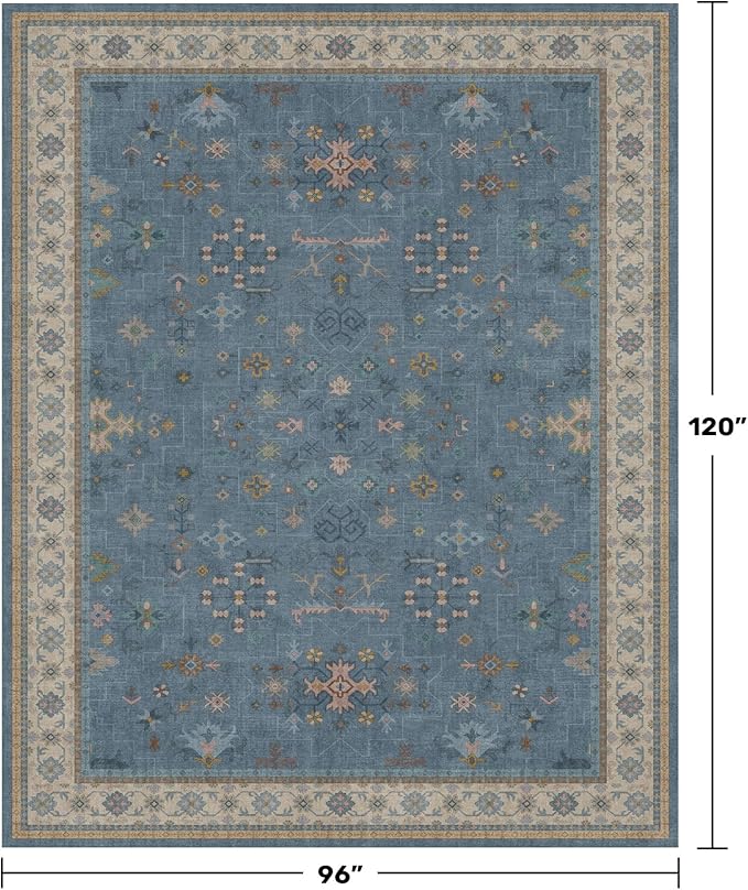 Hazo Haus Boho 8x10 Large Area Rugs for Living Room - Eclectic Dusky Blue Rug for Bedroom Under Bed, Dining Room Under Kitchen Table, Washable Soft Non Slip Unique Colorful Indoor Décor