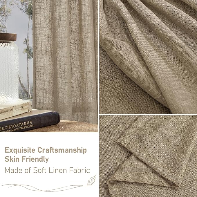 LAMIT Linen Curtains 48 Inch Length 2 Panels, Light Filtering Panels Back Tab and Rod Pocket Country Decor Drapes for Kitchen/Window/Loft Room/Bedroom, 34 x 48 Inch, Taupe