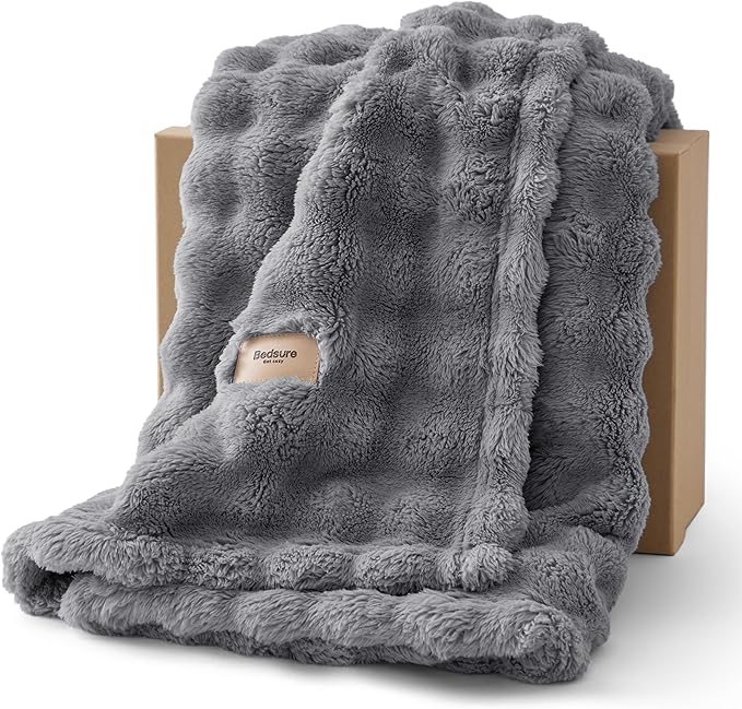 Bedsure 3D Fleece Bubble Blanket for Couch - GentleSoft Grey Twin Blanket for Sofa Bed Room Decor - Luxury Soft Cozy Gifts for Kids, Lightweight, All Seasons, Grey, 60"×80"