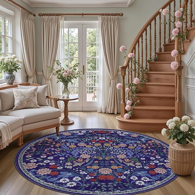 Round Area Rug for Living Room: 6 ft Floral Washable Circle Rug Soft Boho Non-Slip Carpet Indoor Stain Resistant Low Pile Small Circular Rug for Bedroom Entryway Kitchen Nursery Home Office Blue