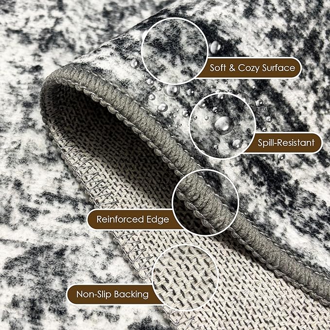 Washable Area Rug 3' x 5 ' Vintage Traditional Persian Mat - Foldable Distressed Non-Slip Machine Washable Carpet for Living Room Bedroom Kitchen Home Decor - Graphite and Mist