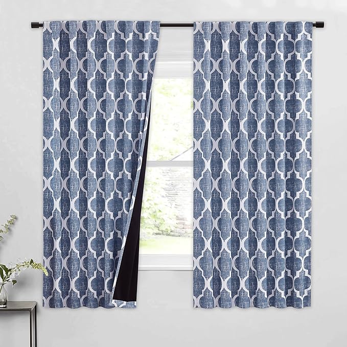 Beauoop 100% Blackout Curtains 63 Inches Long 2 Panels for Bedroom Living Room Blue Moroccan Geo Room Darkening Thermal Insulated Soundproof Rod Pocket Back Tab Window Treatments Drapes, 50x63