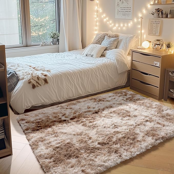 ONASAR Rugs for Living Room Bedroom, Tie-Dyed Beige 5x8 Fluffy Bedside Area Rug, Soft Plush Shaggy Indoor Floor Carpet for Nursery Kids Girls Boys Teen Dorm Home Office Decor Aesthetic