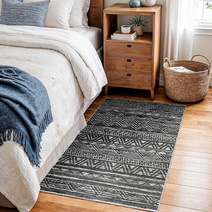 2x3 Washable Entryway Area Rug: Moroccan Small Runner Rug for Hallway Soft Modern Non Slip Door Mat with Rubber Backing Low Pile Thin Floor Carpet for Kitchen Bathroom Bedroom Indoor(Black,2x3)