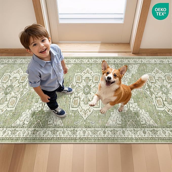 Runner Rug 2x6, Non Slip Washable Rugs for Laundry Room, Runners for Hallways, Low Pile Vintage Soft Rugs for Living Room, Kitchen Bathroom,Bedroom Rug(Light Green,2'x6')