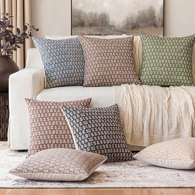 Foindtower Set of 2 Decorative Vintage Floral Print Throw Pillow Covers Neutral Modern Farmhouse Cushion Covers Boho Home Decor for Sofa Chair Couch Bedroom Living Room,18×18 Inch,Sage Green
