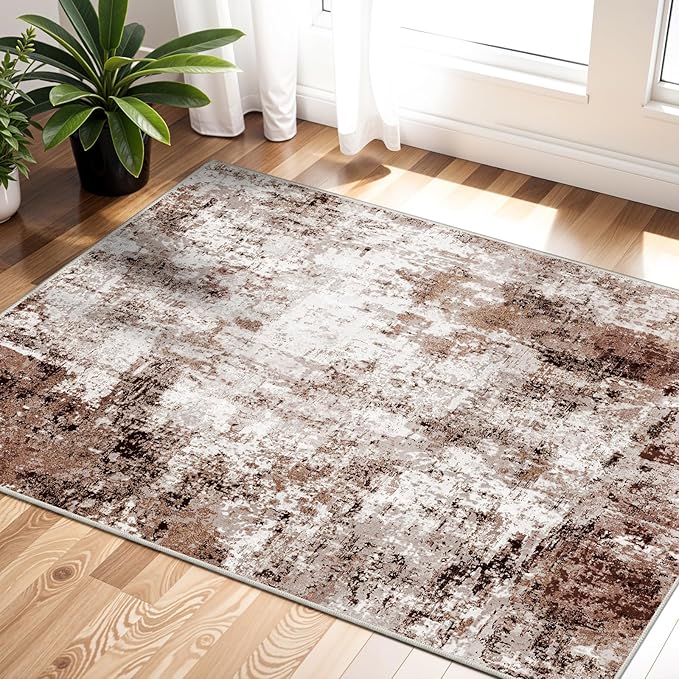 2x3 Small Washable Area Rug: Non-Slip Indoor Door Mat for Entrance Doorway Kitchen Bedroom Living Room - Abstract Farmhouse Throw Rug for Modern Home Decor Brown Khaki White