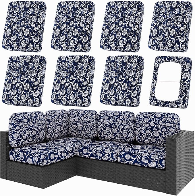 hyha 8Pcs Patio Cushion Covers, Stretch Outdoor Couch Cushion Covers Replacement, Washable Outdoor Chair/Sofa Slipcovers for Patio Furniture Cushions Protector with Elastic Bottom(Baroque,Cover Only)