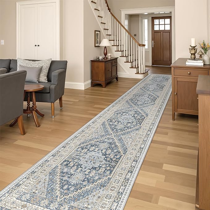 Washable Runner Rug 2.5x14, Non-Slip Long Kitchen Mats for Floor, Vintage Rug for Entryway, Soft Hallway Runner for Dining Room, Bedroom, Living Room(Blue/Beige,2.5'x14')