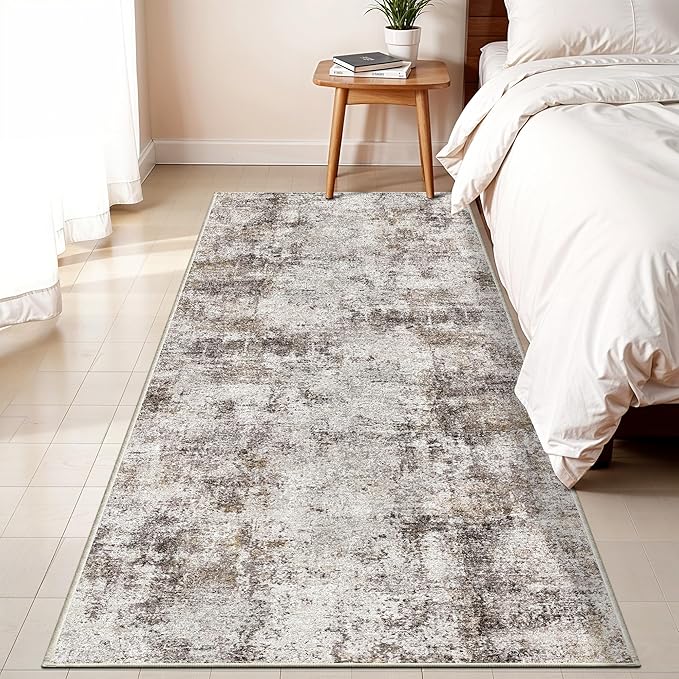 3x6 Washable Entryway Runner Rug: Non Slip Wide Hallway Runners Easy-to-Clean - Soft Living Room Bedroom Kitchen Carpet - Thin Low Pile Printed Floor Mat for Dining Room Beige Brown