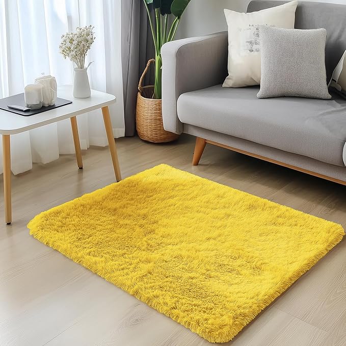 OLANLY 2x3 Machine Washable Small Bedside Rug, Soft Fluffy Shaggy Entryway Throw Rugs for Bedroom, Living Room, Indoor Floor Carpet for Kids Girls and Boys, Nursery Rooms, Home Decor Aesthetic, Yellow