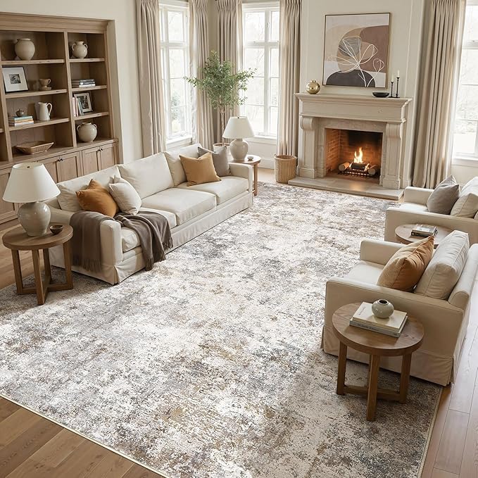 UERMEI 12x15 Area Rug Living Room Rugs - Washable Neutral Modern Abstract Soft Thin Large Rug Indoor Floor No Slip Rug Carpet for Bedroom Under Dining Table Home Office Decor - Brown Grey