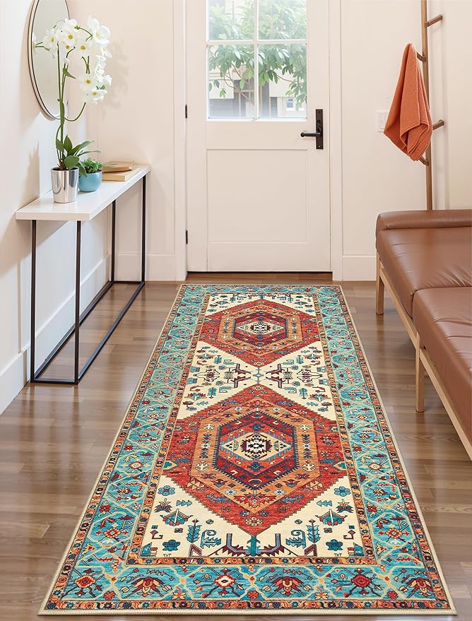 SERISSA Boho Washable Runner Rug, 2x6 Rug Runner Non-Slip Vintage Orange Hallway Kitchen Runner Rug Ultra Soft Print Distressed Tribal Floor Carpet Runner for Bedroom Bathroom Laundry Living Room