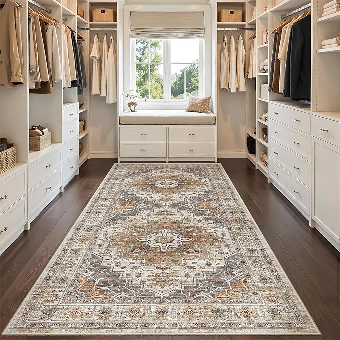 Madane Hallway Runner Rug 4x8 Wide: Washable Thin Runners for Hallways Entry, Non Slip Soft Vintage Kitchen Rugs Low Pile Carpet Runners for Living Room Bedroom Dining Room Foyer (Turmeric/Grey,4x8)