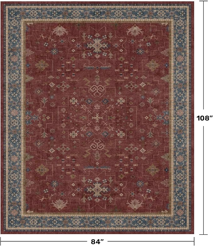 7x9 Dining Room Rugs for Under Table - Vintage Burgundy Boho Living Room Rug, Lightweight Washable Soft Floor Carpet,Southwestern Bed Room Décor Aesthetic