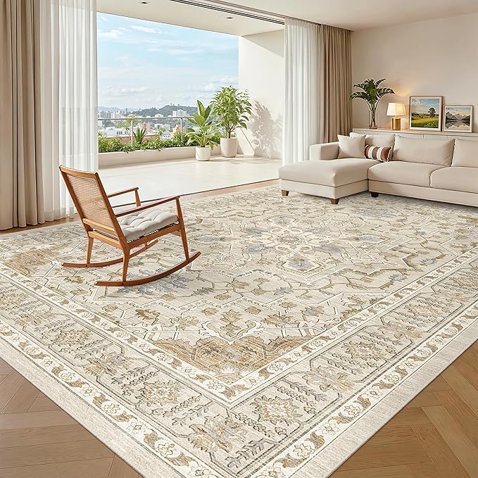 Madane Washable Rug 8x10 Area Rugs for Living Room, Ultra-Thin Non-Slip Backing Rug, Stain Resistant Vintage Large Area Rug for Bedroom (Beige/Blue, 8'x10')