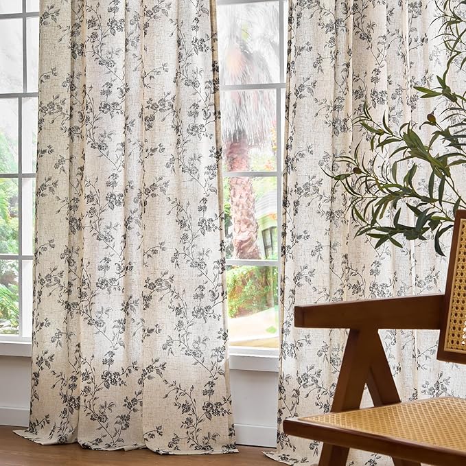 Lazzzy Farmhouse Linen Curtains Black Floral Curtains 96 Inch Length Back Tab Drapes for Living Room Bedroom Light Filtering Country Vintage Rod Pocket Curtain, 2 Panels, Black on Beige