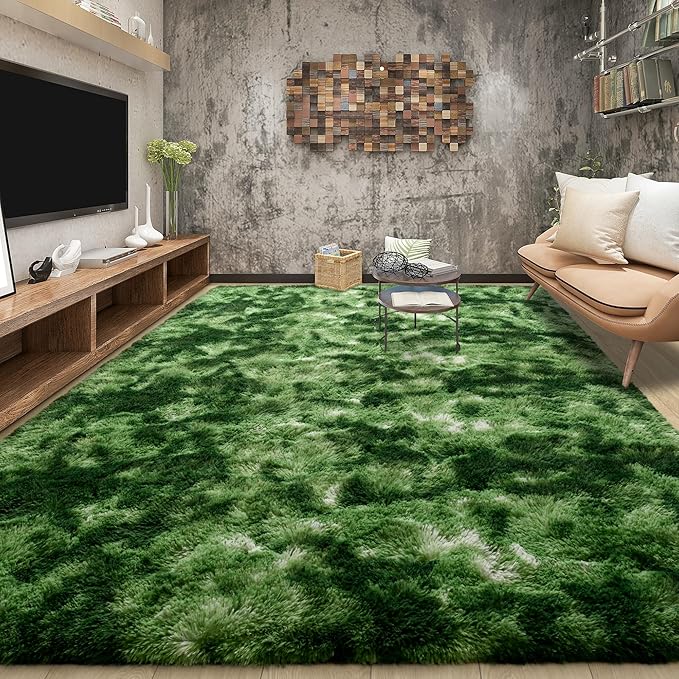 Tepook Fluffy Large Rugs for Living Room, Area Rug 6x9 Soft Carpet for Bedroom, Modern Shaggy Rug for Kids Boys Girls, Plush Indoor Nursery Home Decor Rug with Non-Slip Bottom, Tie-Dyed Dark Green