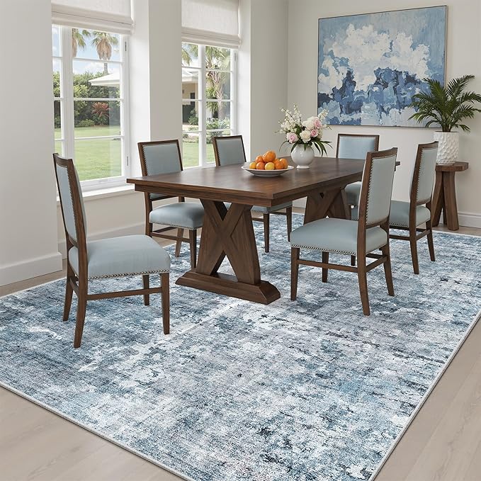 5x8 Area Rugs Blue/Grey Low Pile Indoor Washable Trendy Faded Style Rugs for Bedroom Living Room Dining Room Foldable Non-Slip Thin Print Home Office Mat