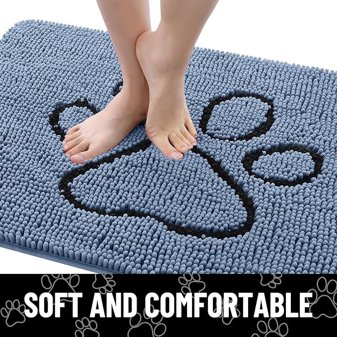 Smiry Dog Door Mat for Muddy Paws, Absorbent Dirt Trapper Non Slip Quick Dry Washable Chenille Mat for Mud Dogs, Entry Rug for Indoor and Outdoor (36x24 Inches, Airy Blue and Black)
