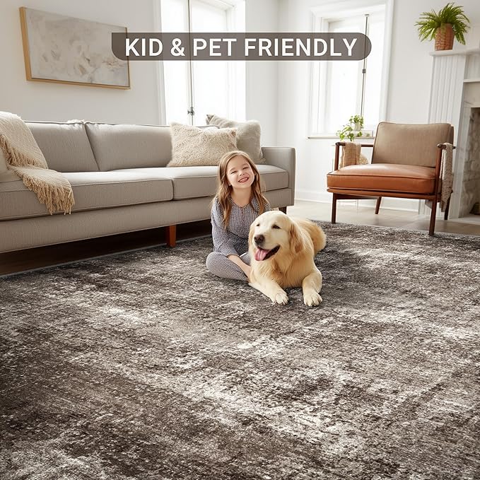 LEPEII 5x7 Area Rugs, Abstract Rugs for Living Room, Indoor Non-Slip Washable Rug for Bedroom, Dining Room, Low Pile Home Decor Neutral Area Rug-Brown/Multi