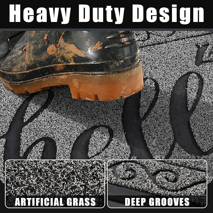 Yimobra Welcome Mats for Front Door 29.5x17, Heavy Duty Waterproof Outdoor Door Mat Outside Entrance, Non-Slip Low Profile Indoor Entryway Mat for Garage Patio, Black Gray