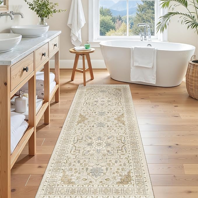 Madane Hallway Runner Rug - 2x5 Rug Runner Washable Runner Rugs Non-Slip Low-Pile Kitchen Runner Rug Laundry Room Rug Throw Carpet for Entrance Bedroom Living Room (2'x5', Beige/Blue)