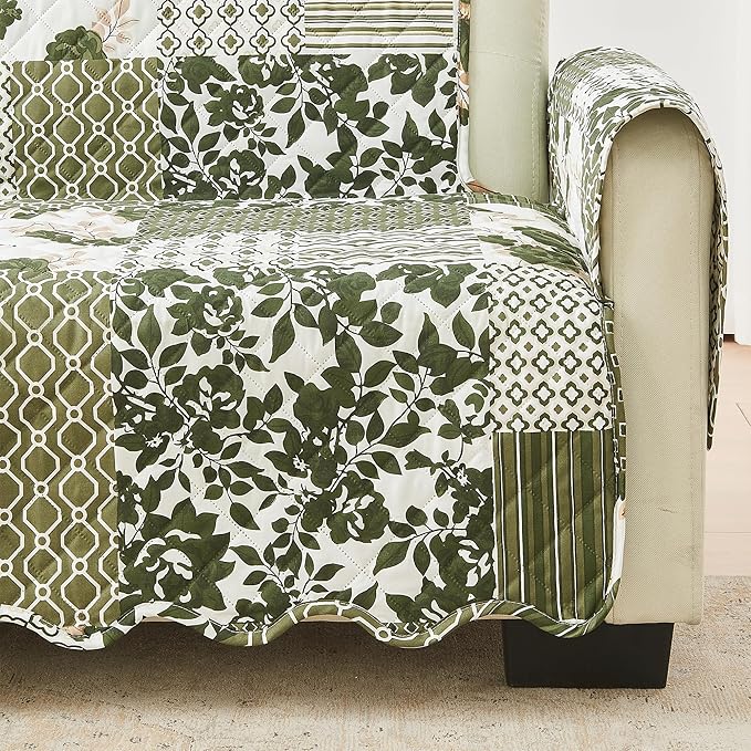 Great Bay Home Reversible Patchwork Chair Cover - Washable Slipcover Furniture Protector with Elastic Straps - Perfect for Kids & Pets - Box-Stitched Detail (Olive/Brown)