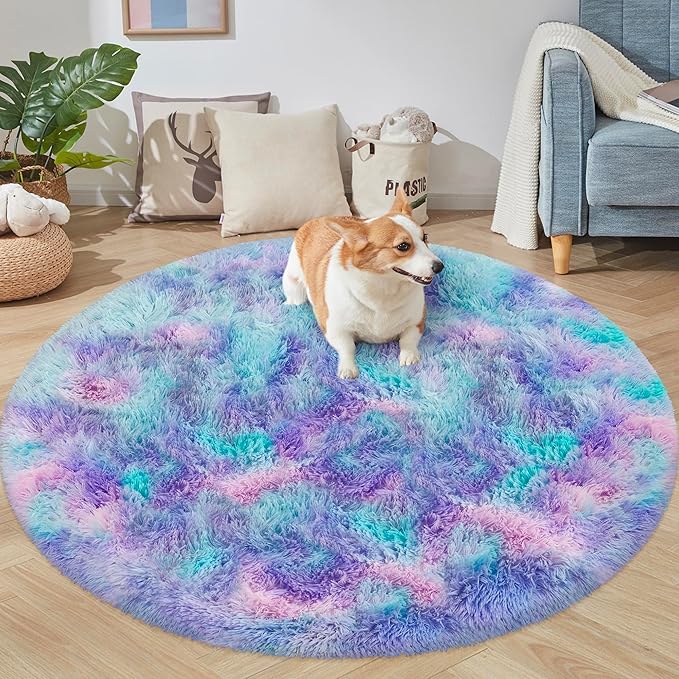 5x5 ft Tie Dye Rainbow Round Rug for Bedroom Room Fluffy Circle Rug Furry Carpet Shaggy Circular Fuzzy Washable Non-Slip Large Area Rug Soft Indoor for Living Room Cute Aesthetic Home Decor