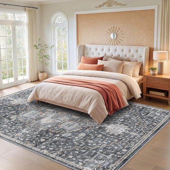 AMADA HOMEFURNISHING 9x12 Washable Area Rug, Low-Profile Large Area Rug with Non-Slip Backing & Durable Edge Binding, Vintage Large Rugs for Living Room, Bedroom & Dining Room