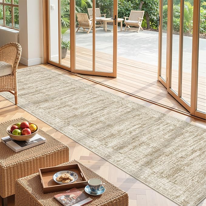 Long Hallway Runner Rug- Carpet Runners for Hallway 12ft, Anti Slip Backing Washable Rug Runner for Bathroom, Entrance, Living Room, Soft Low Pile Modern Rug Runner(2'x12', Brown/Ivory)