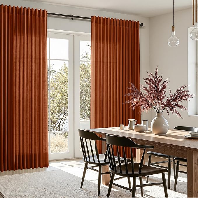 Nanspring Extra Wide Terracotta Curtains for Living Room 96 Inches Long Back Tab and Rod Pocket Linen Light Filtering Semi Sheer Farmhouse Boho Curtain for Bedroom Office Luxury 100x96, 2 Panels