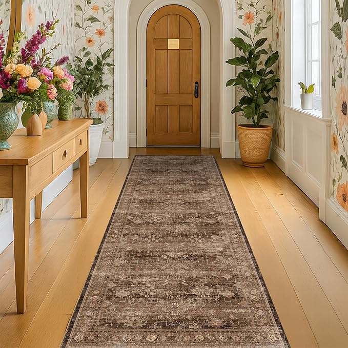 Hazo Haus Brown Earthy Boho Washable 3x10 Extra Long Hallway Runner Rug, Waterproof Large Kitchen Floor Rug Indoor, Non-Slip Stain & Fade Resistant, Vintage Dark Taupe Decor