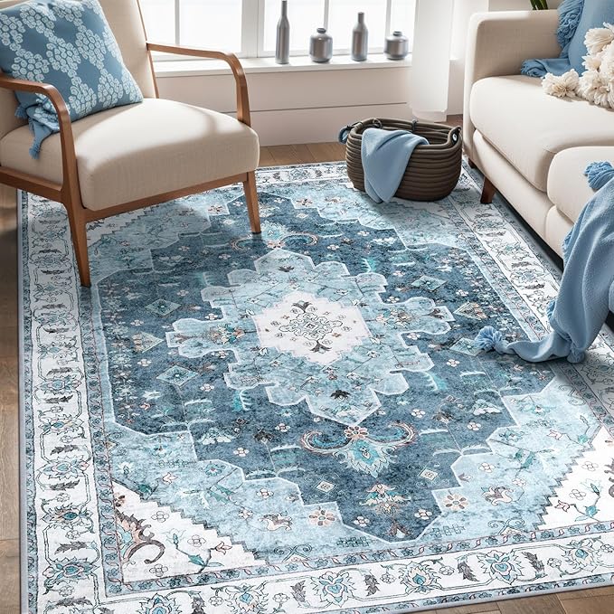 SERISSA Area Rug 3x5 Boho Blue Rugs for Bedroom, Washable Kitchen Rugs Non-Slip, Ultra Soft Print Distressed Vintage Entry Rug Low-Pile Throw Rug Carpet for Bedroom Nursery Living Room Dorm Decor