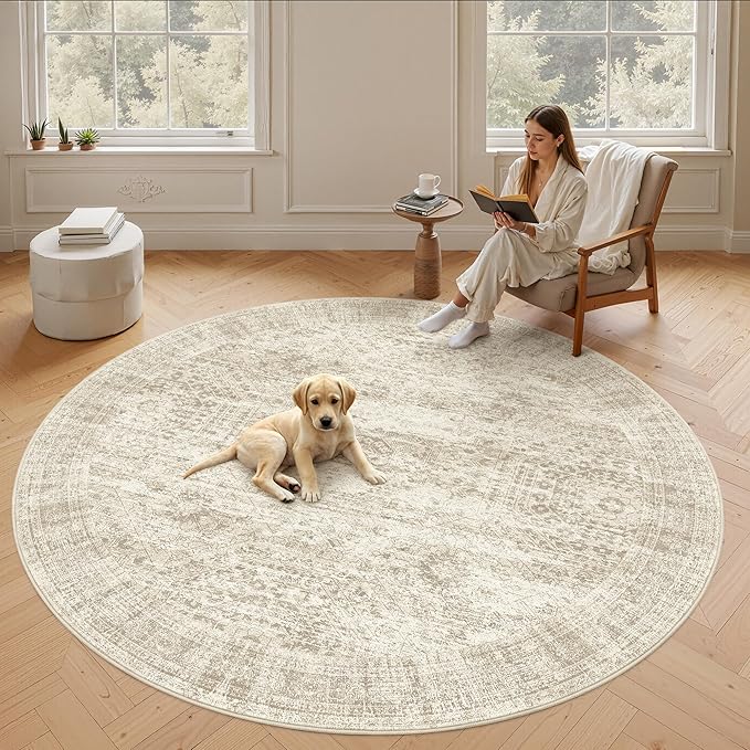 8x8 Beige Round Rug 8ft Living Room Circle Rug Vintage Round Area Rug Non Slip Indoor Carpet for Apartment