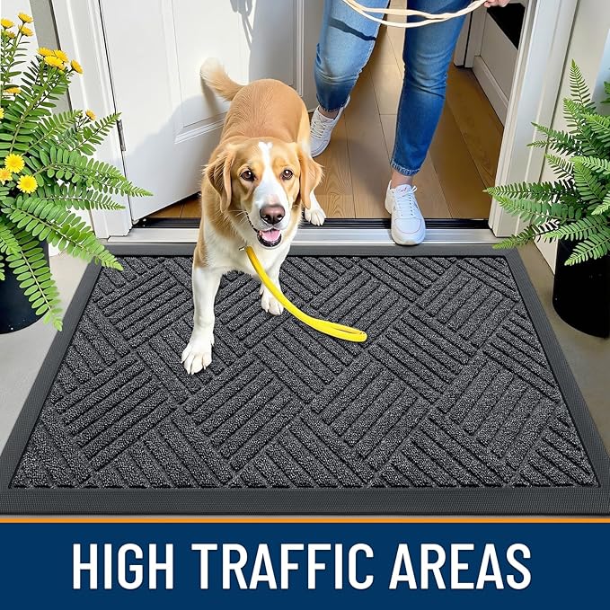 OLANLY Front Door Mat Outside Entrance 47x23, Absorbent, Heavy Duty Sturdy Natural Rubber Doormat Indoor Outdoor, Stain Fade Resistant, Non-Slip Low Profile Floor Mat for Entryway, Black Gray Diamond
