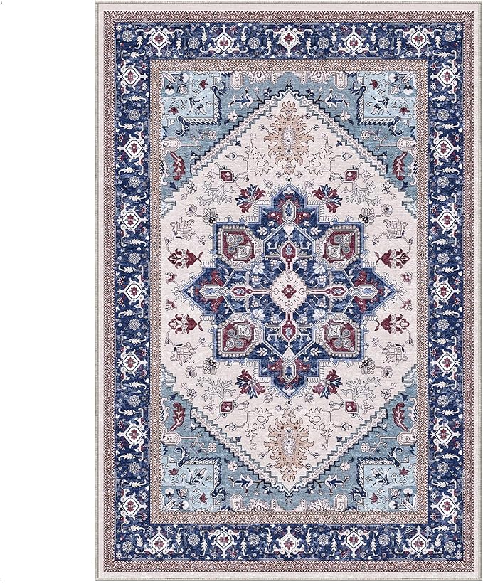 OPPODREAM Soft 6x9 Area Rugs, Washable Rug 6x9 with Non Slip Backing, Faux Cashmere Low-Pile 6 x 9 Carpet, Navy Blue & Red & Cream